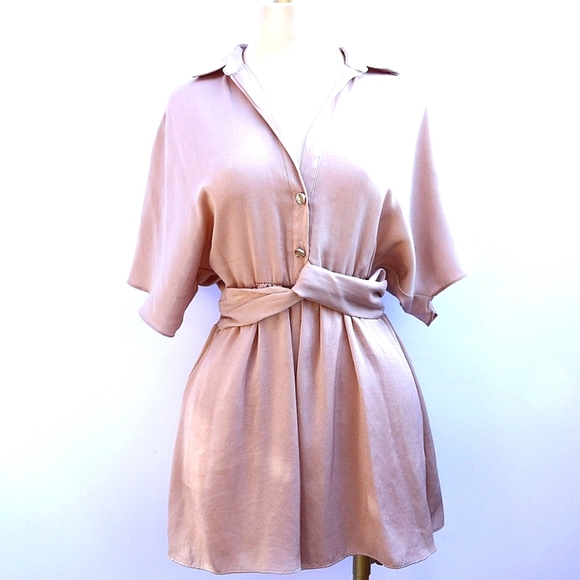 Brand New Zara Taupe Brown Satin Effect Knot Romper Size Small - Picture 1 of 12